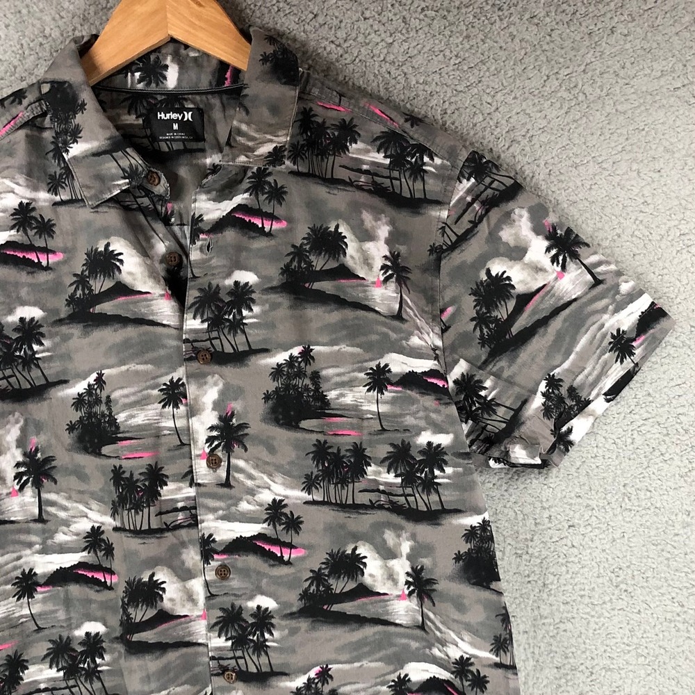 Hurley Mens Short Sleeve Button Down Shirt Gray Pink Tropical Island Palm Tree M - Picture 3 of 10
